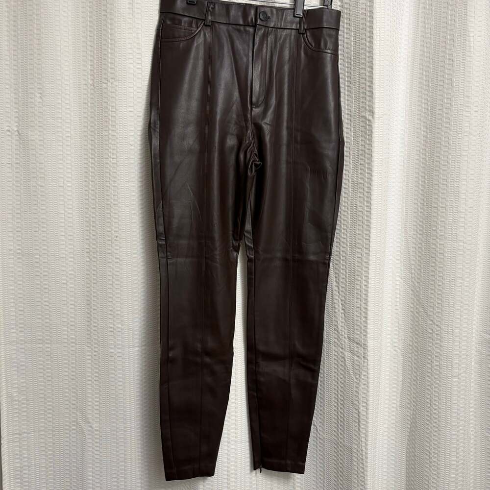 ZARA Chocolate Brown Faux Leather Front Seam Ankle Zip Legging Pants Size L